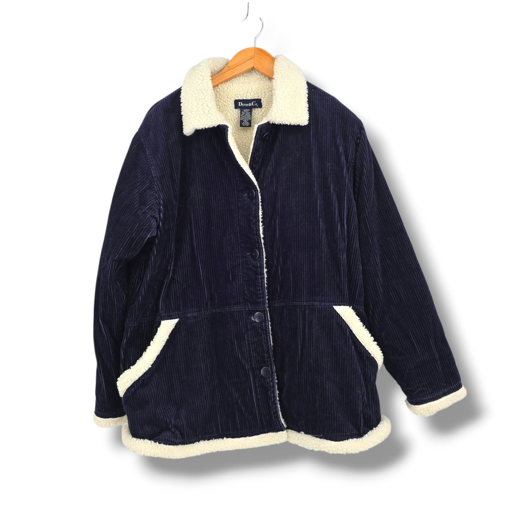 Vintage Denim & Co Navy Blue Corduroy Sherpa Lined Barn Coat Jacket Size Large